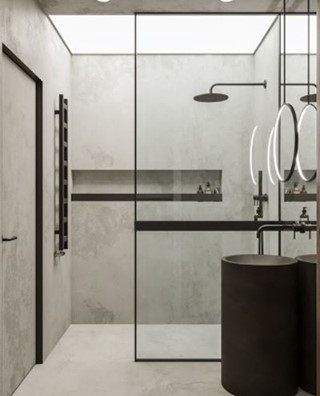 15. Moonlit Waterfall Shower Nook with River Rock Base and Lush Fern Accents