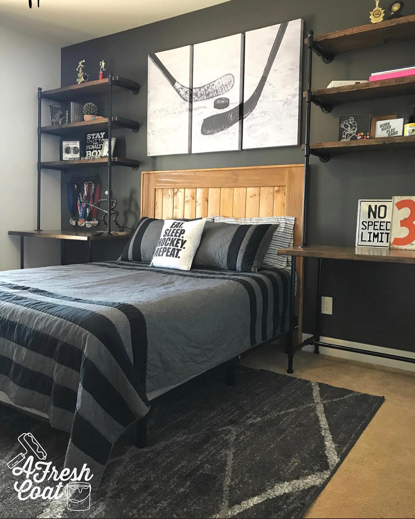 27. Midnight Skateboard Haven: Neon Accents and Skateboard Shelves