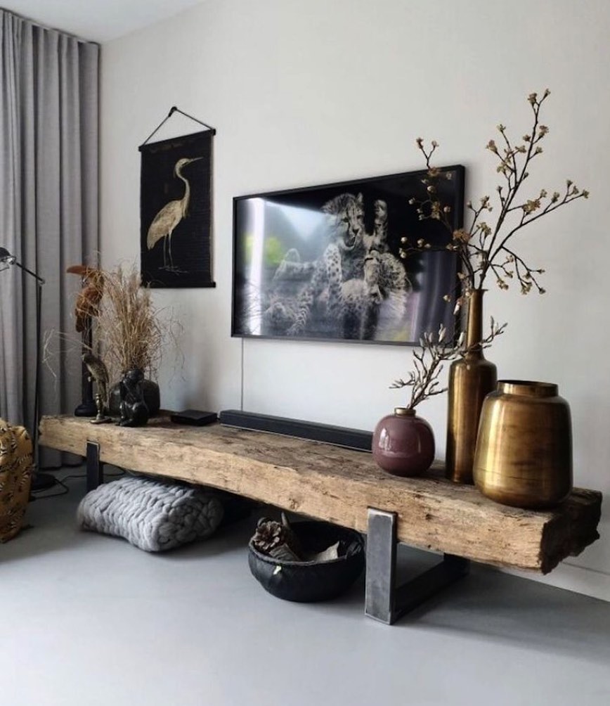 1. Cascading Copper Leaves and Rustic Wooden Shelves