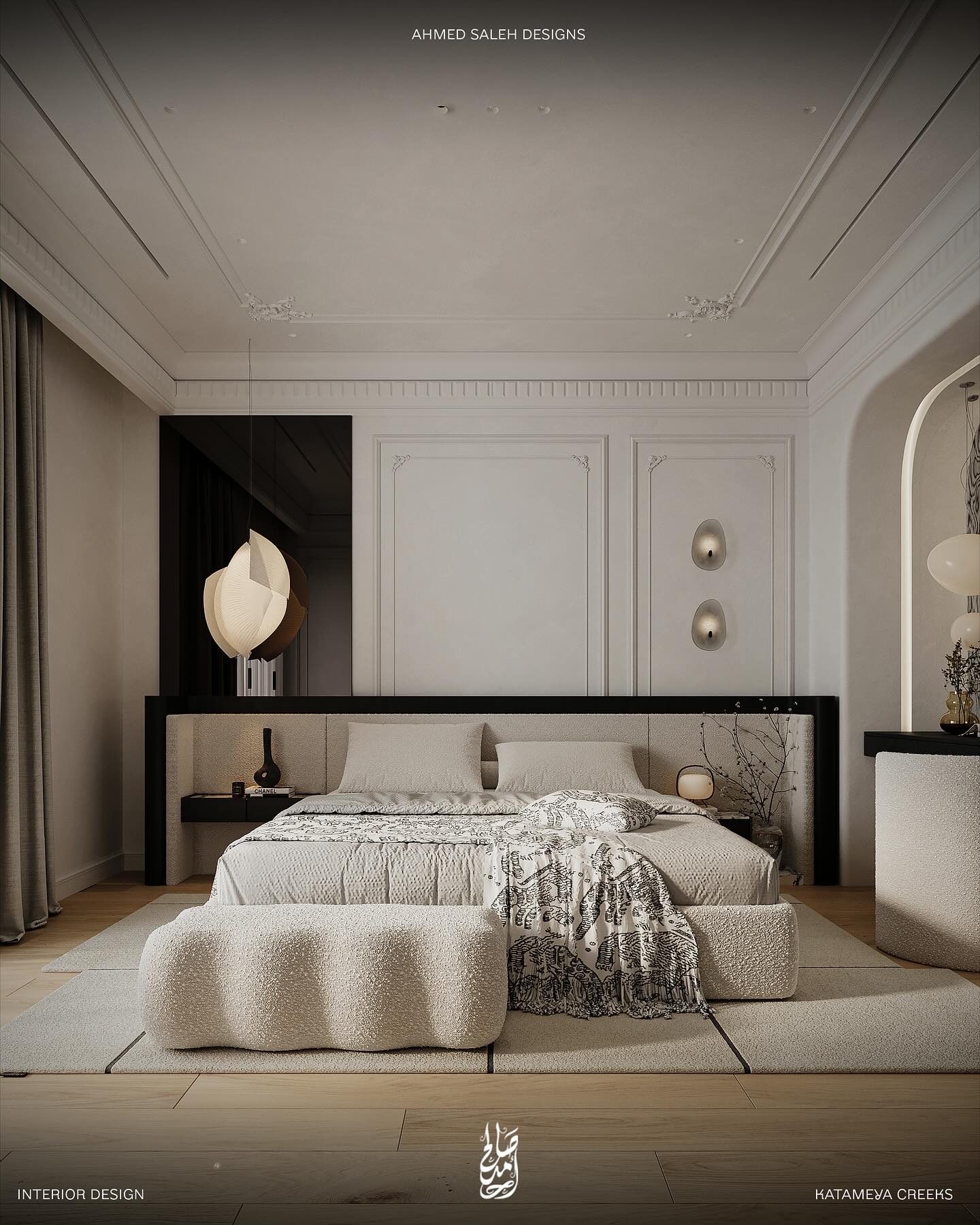 11. Moonlit Serenity: Bedroom with Curved Headboard and Starry Wall Art