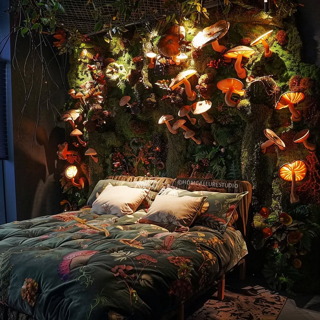 35. a Cobalt Blue Accent Wall with Geometric White Shelves and a Dreamy Canopy Bed