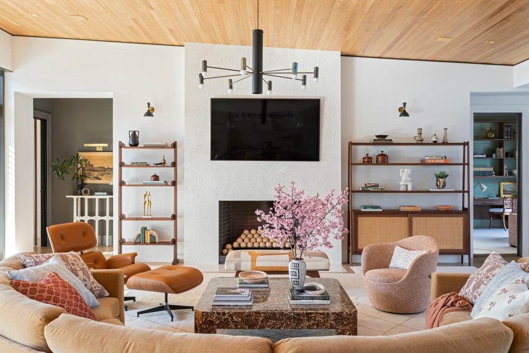 20. a Sputnik Chandelier and Teak Boomerang Coffee Table Dance In Mid-century Harmony