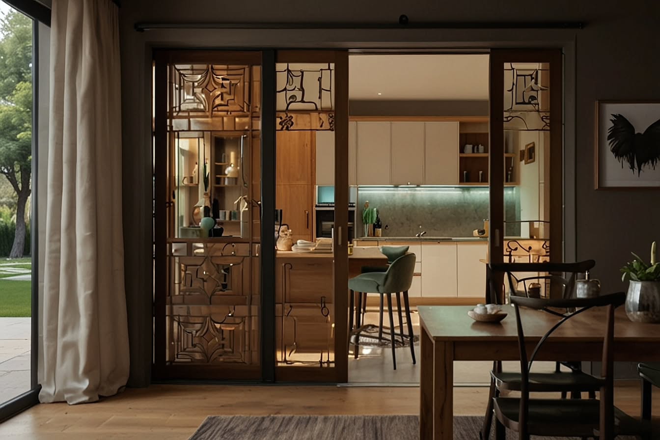 24. Sleek Black Frame with Geometric Glass Panels Divides Modern Kitchen Space