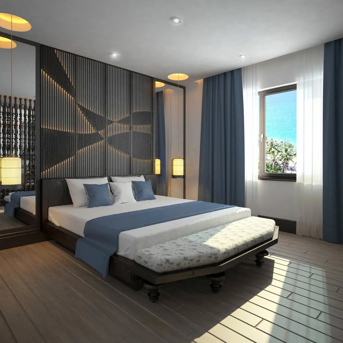 28. Moonlit Serenity: Bedroom with Starry Sky Ceiling and Floating Bed Frame