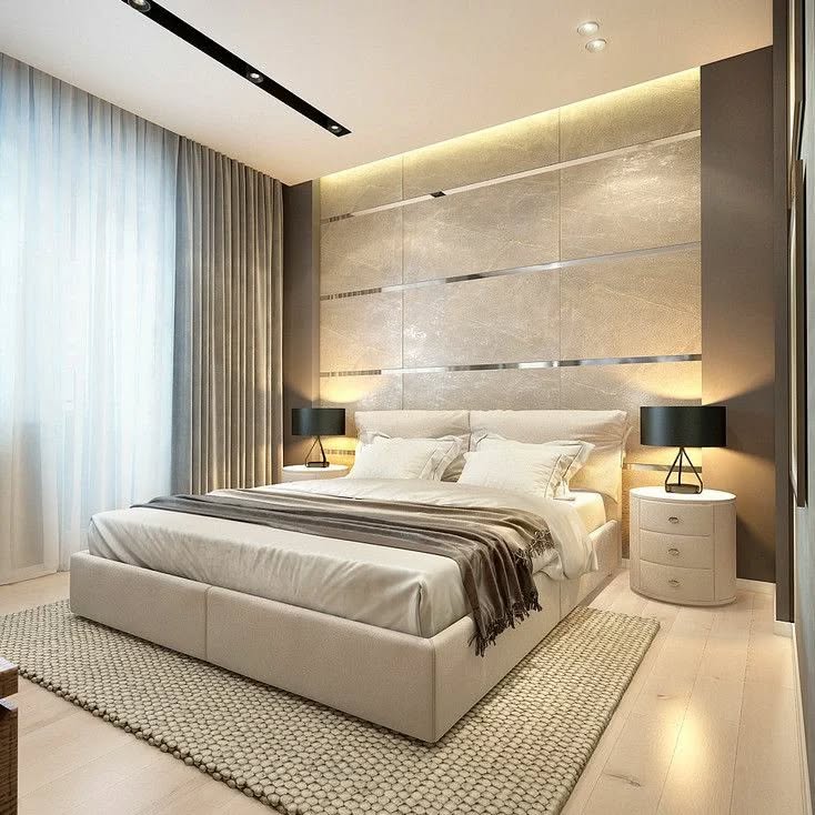 9. Moonlit Serenity: a Bedroom with Floating Nightstands and a Watercolor Wall Art