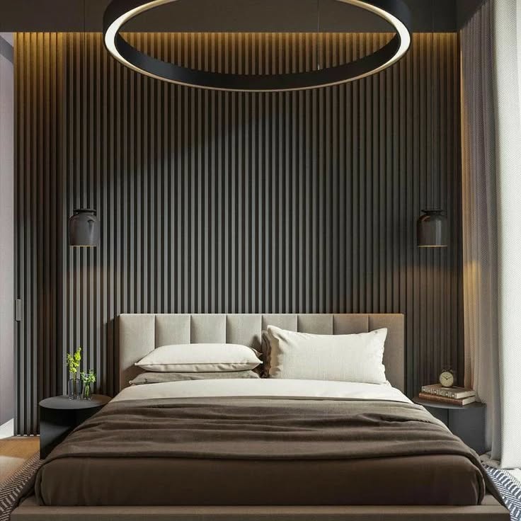 1. Moonlit Serenity: a Bedroom with a Circular Mirror and Starry Night Lamp