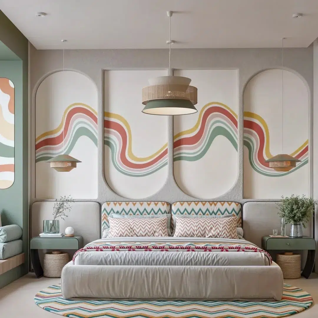 8. Moonlit Serenity: a Bedroom with a Floating Bed and Geometric Wall Art