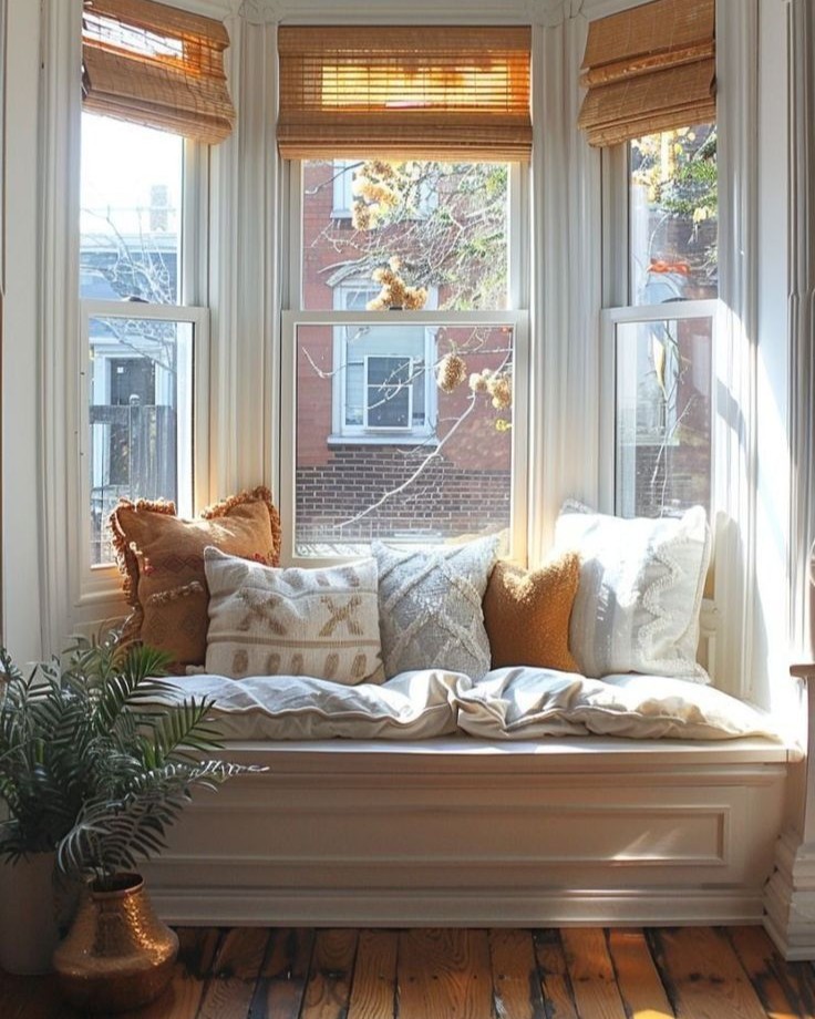 16. Bay Window Bookshelf with Potted Plant and Striped Armchair Nook