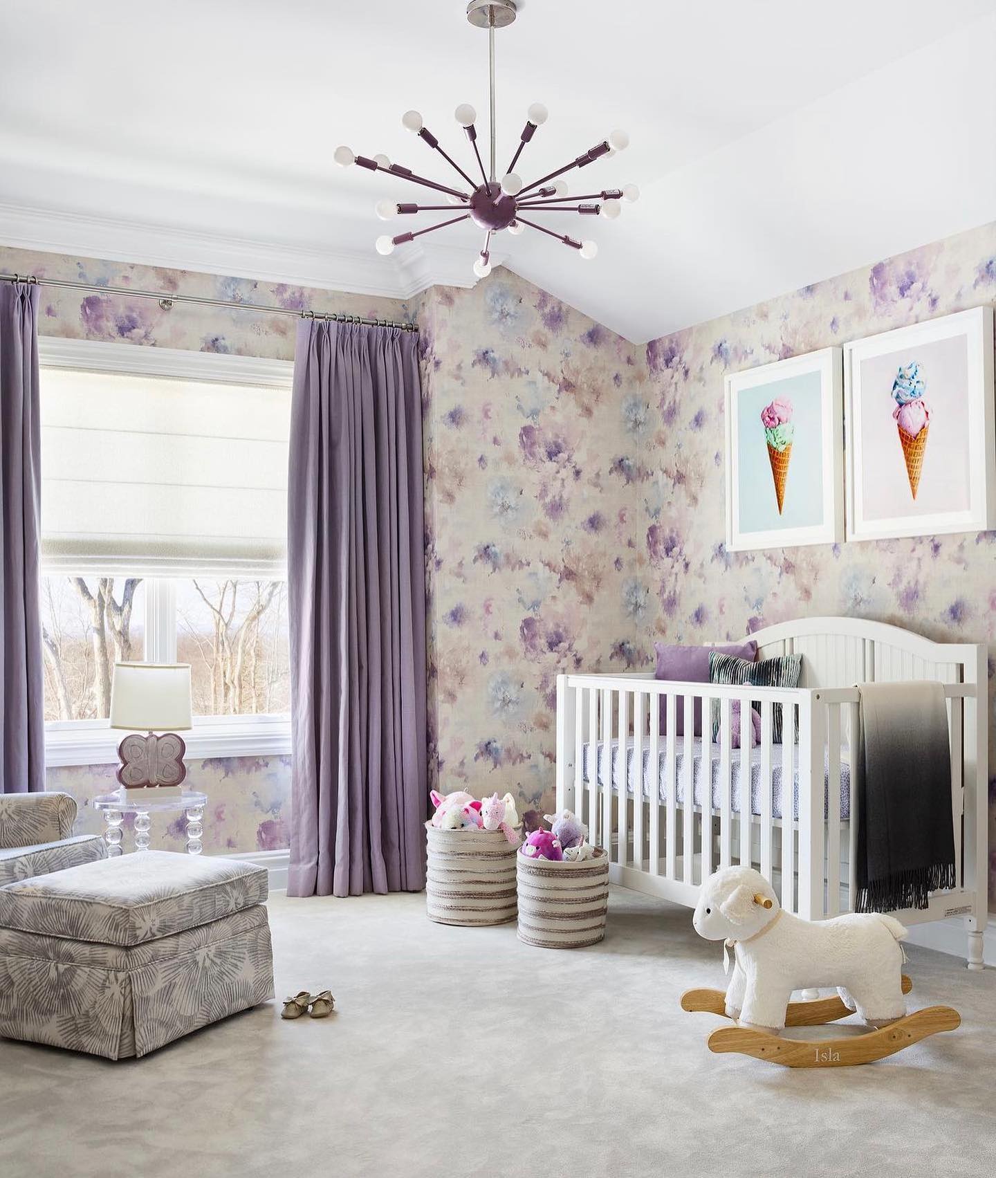 11. Twinkling Starlight Canopy Over a Vintage Crib with Whimsical Wall Art