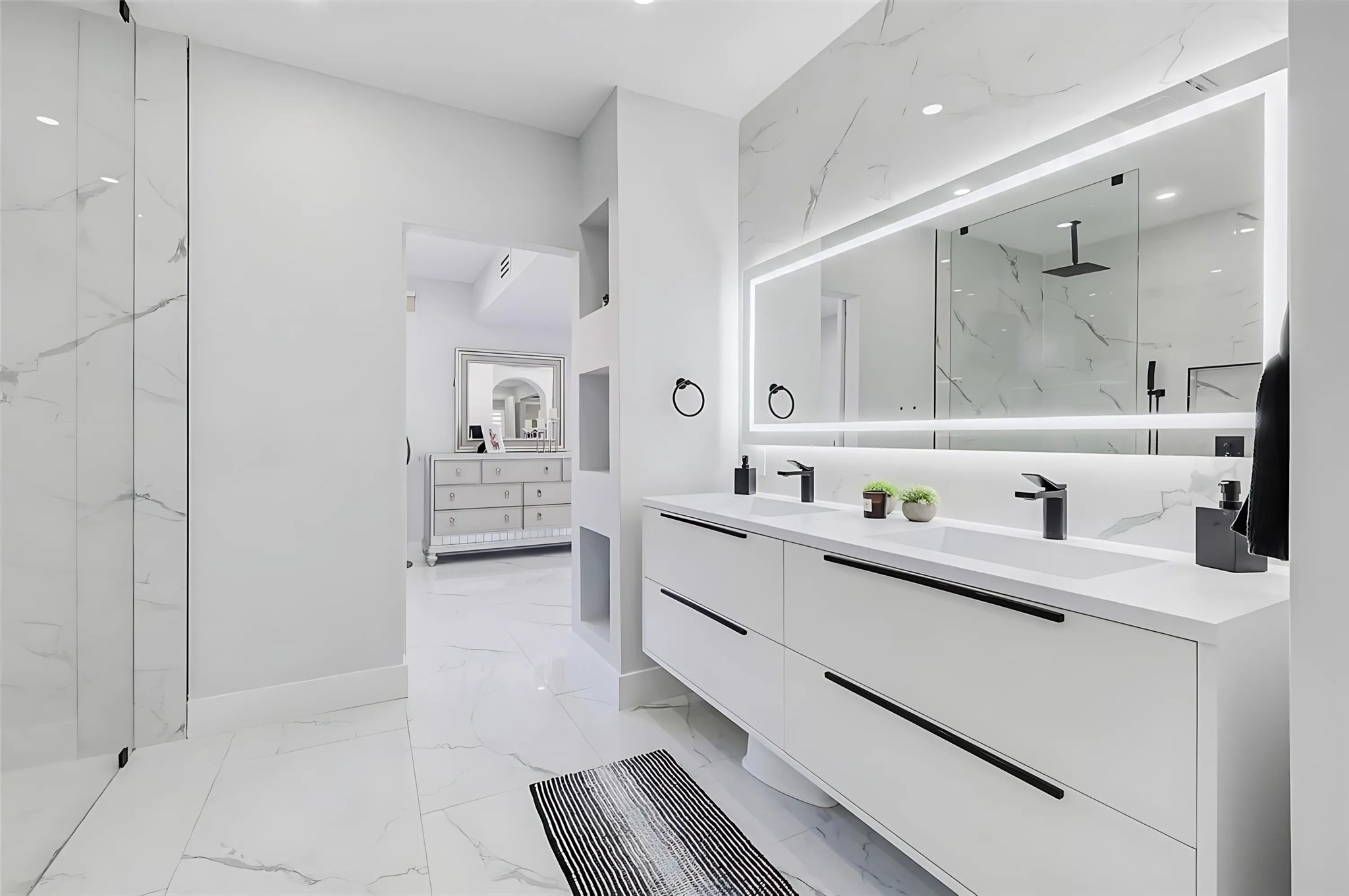 1. Midnight Mosaic: the Monochrome Medley Of Hexagonal Tiles and Arched Mirrors