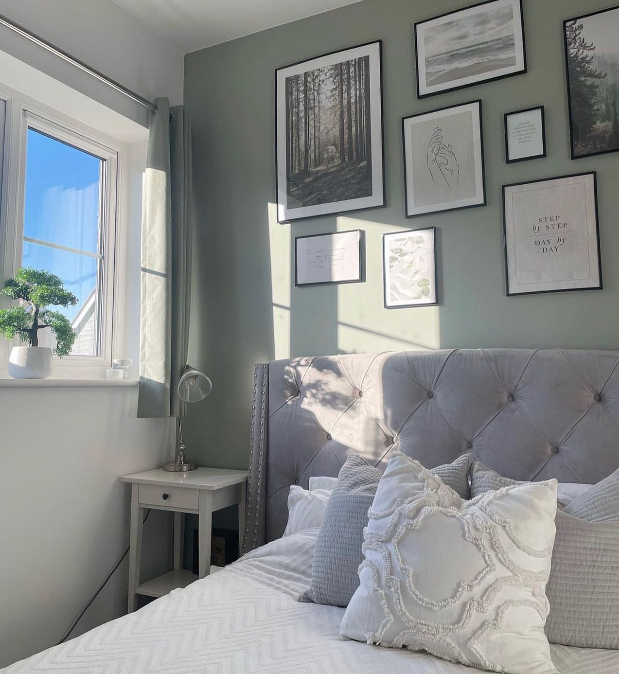 18. Sage Green Boho Canopy Bed with Macrame Dreamcatcher Accents