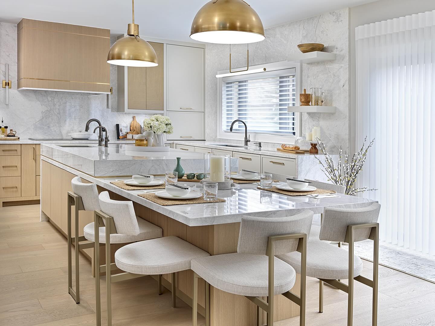 32. a Cobalt Blue Mosaic Tiled Island with Pendant Lights Like Hanging Fruit