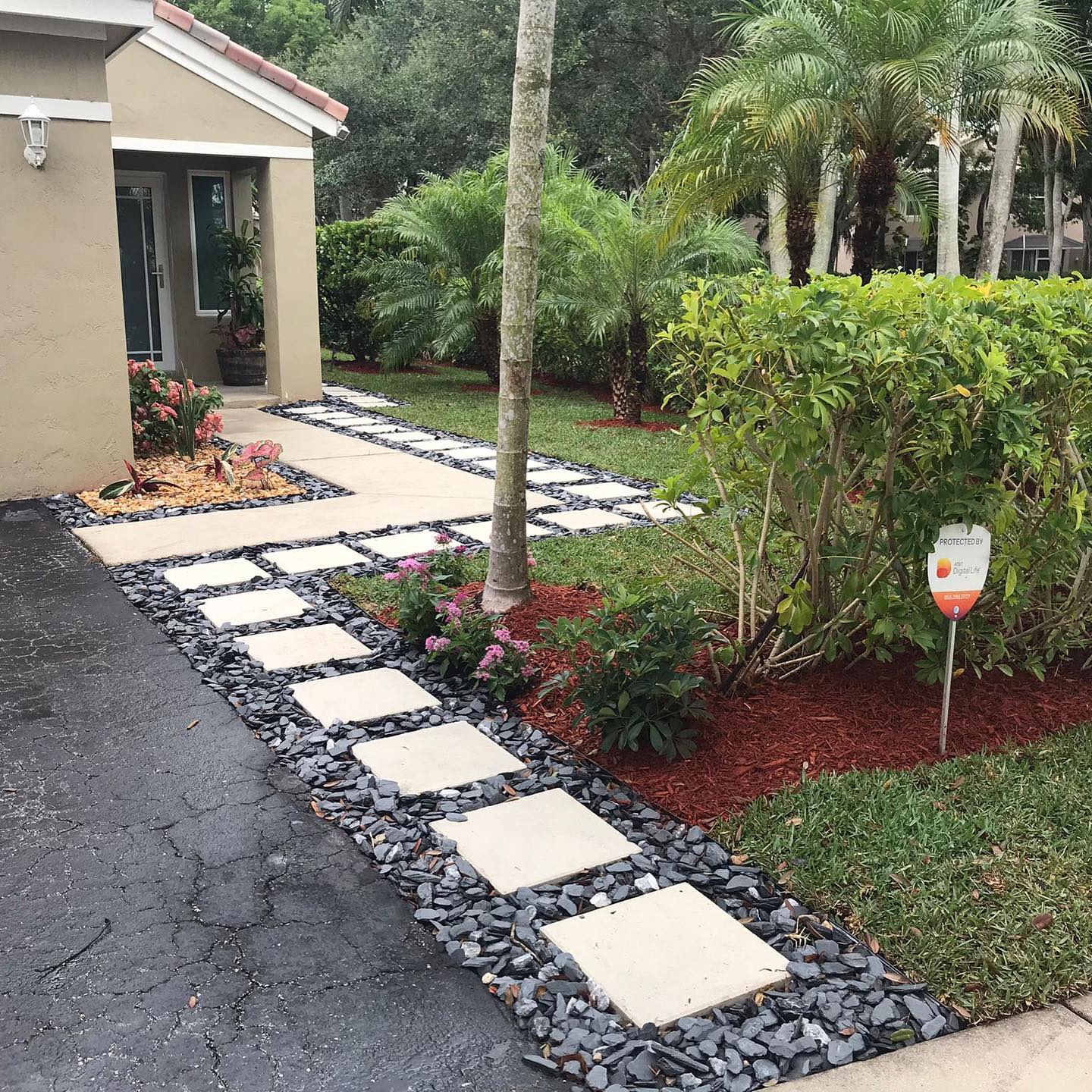 16. Tropical Oasis with Palm Shadows and Coral Rock Pathways