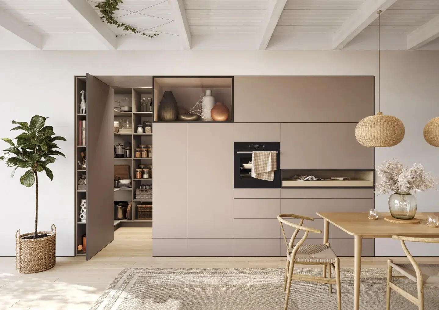 6. the Cobalt Blue Hutch with Geometric Glassware In a Hidden Pantry