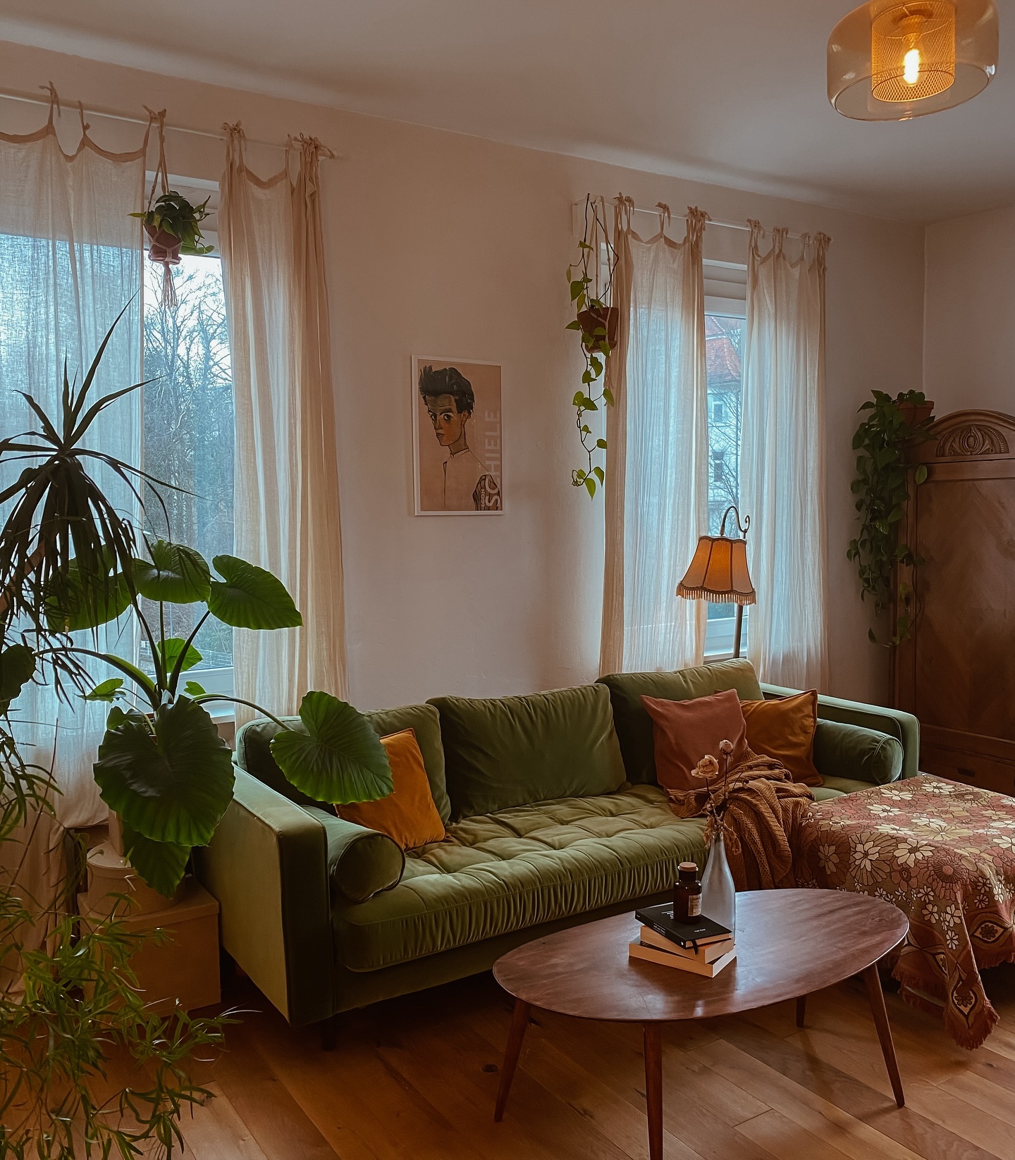 12. Mid-century Walnut Console with Geometric Orb Lamps and Teal Velvet Sofa
