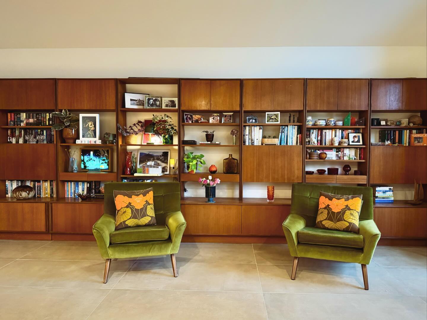 18. Mid-century Teak Sideboard with Geometric Bookmatched Veneer and Brass Accents