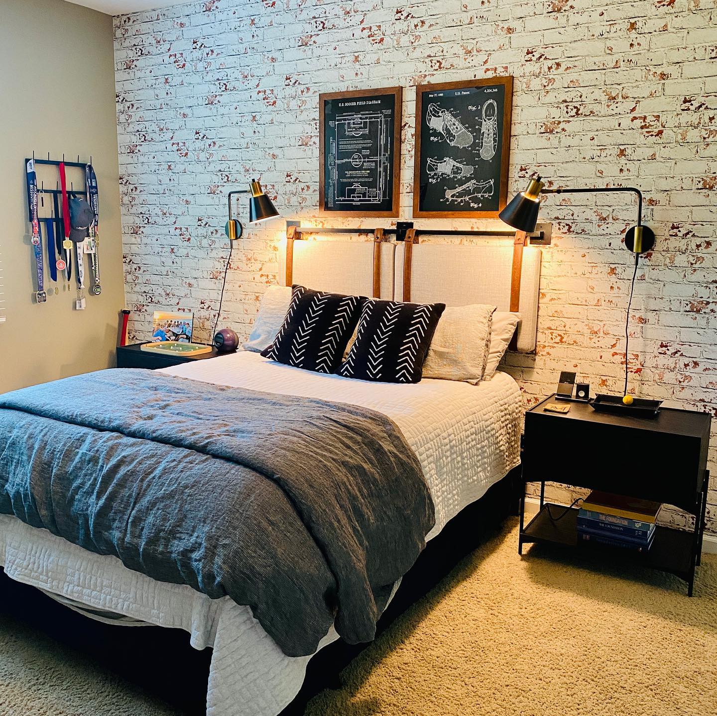 31. the Crimson Velvet Curtain Framed by Geometric Shelves and Starry Night Lights