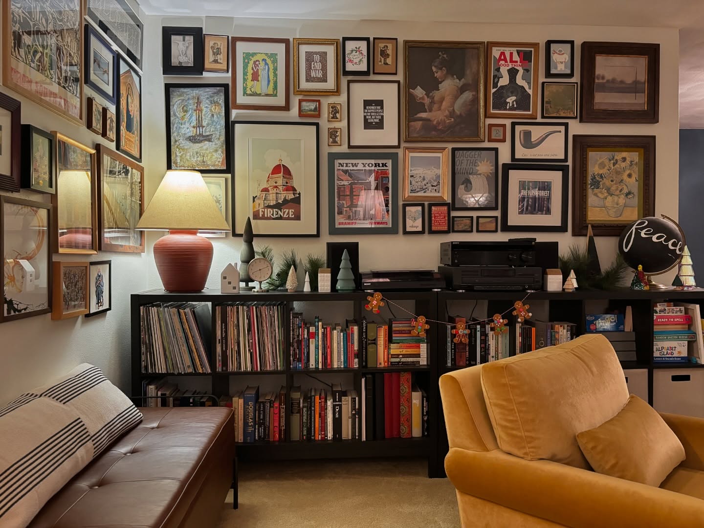 19. Layered Frames with Botanical Shadows and Geometric Shelves