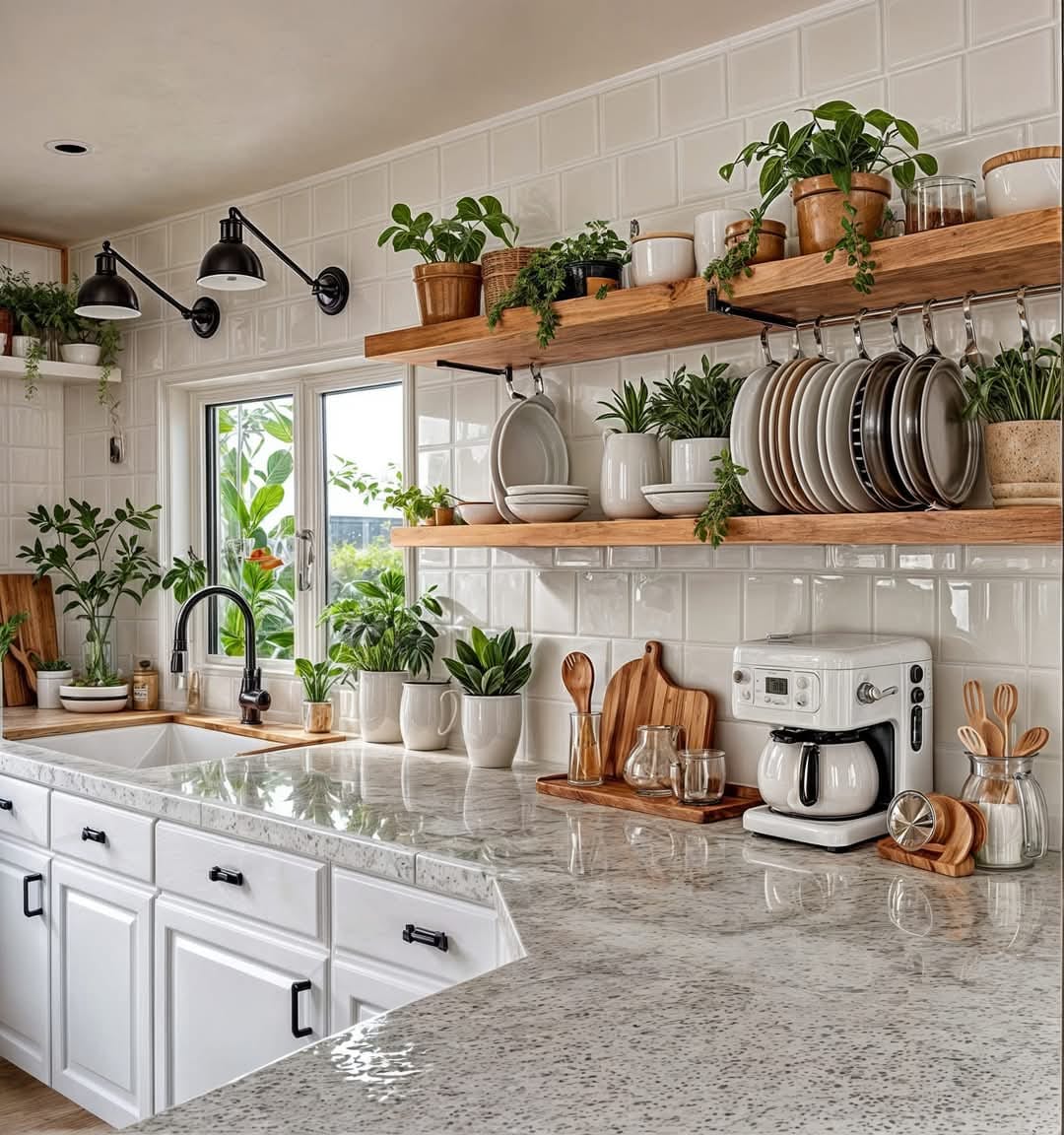12. a Copper Cascade with Botanical Accents Over a Subway Tile Backdrop