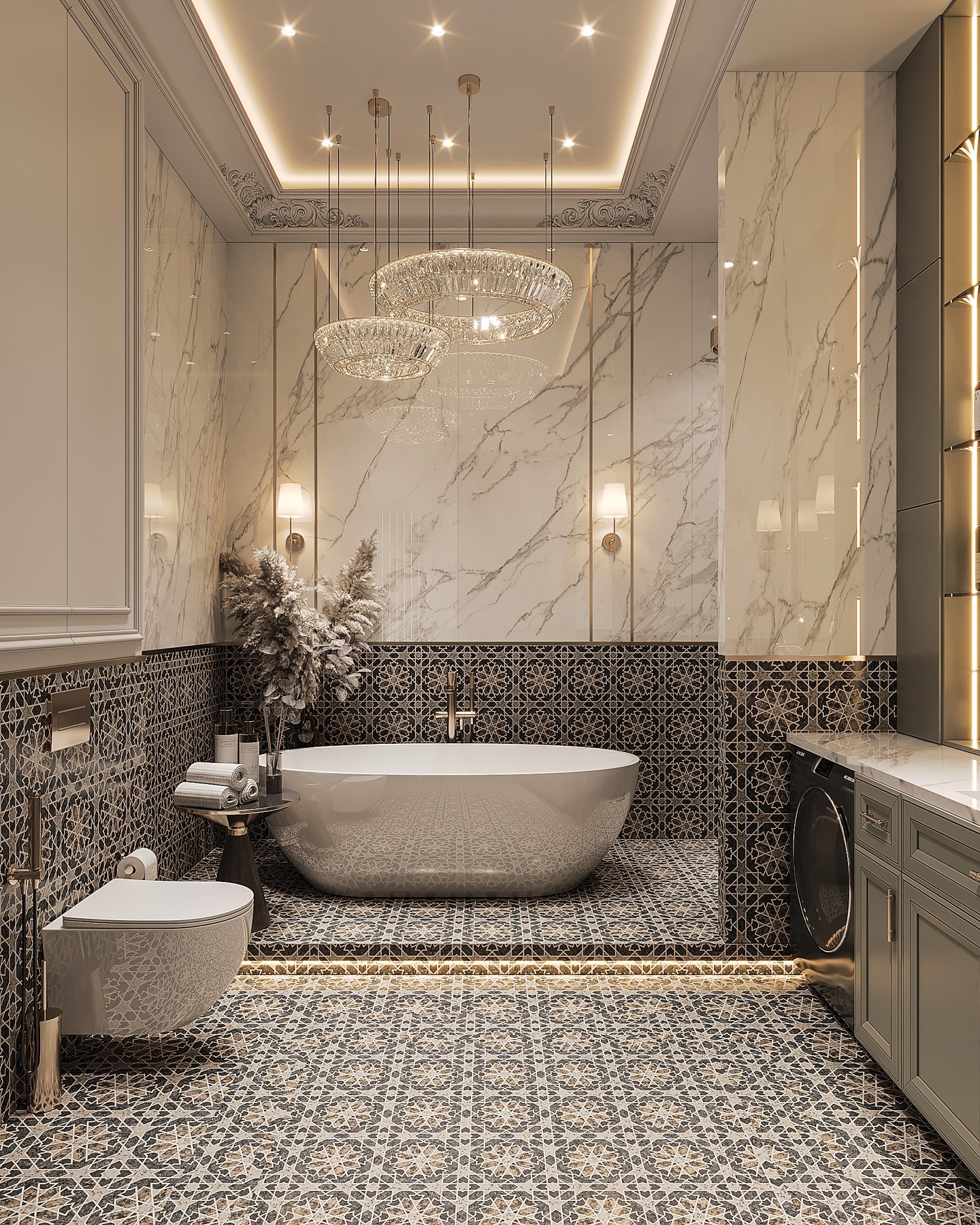40. the Monochrome Mosaic Marvel with Circular Sink and Hexagonal Tiles