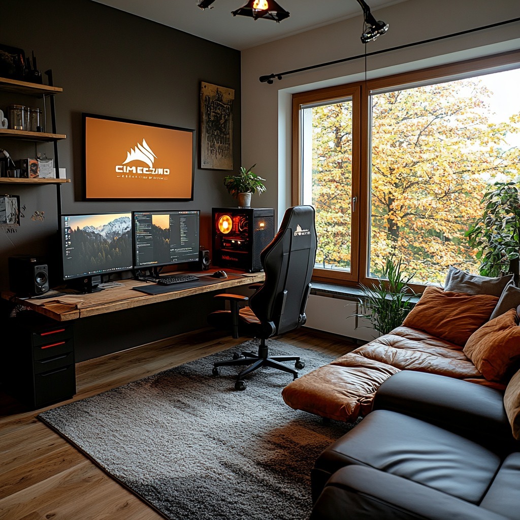 10. Neon Glow Gaming Setup with Retro Arcade Joystick Accent