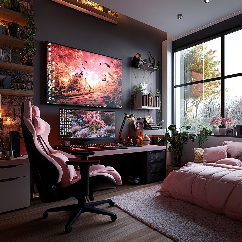 21. Neon Circuit Board Inspired Wall Art Over Retro Arcade Machine