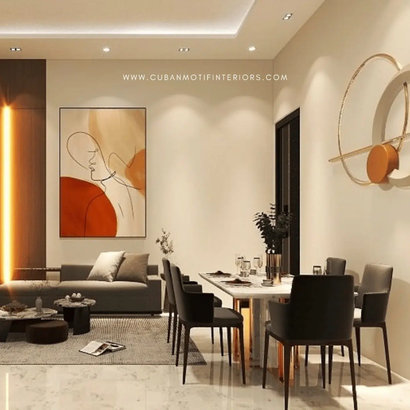 6. Twilight Glow: a Living-dining Combo with Moonlit Accents and Geometric Shadows