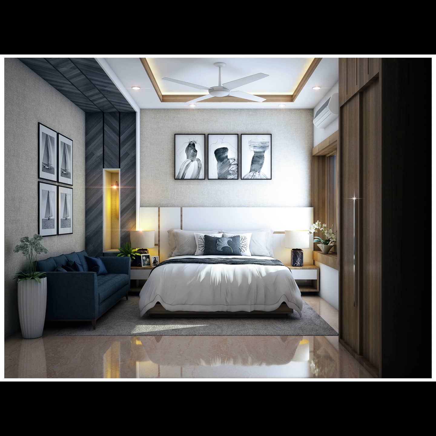 7. the Moonlit Canopy Bed with Geometric Wall Art and Amber Glow