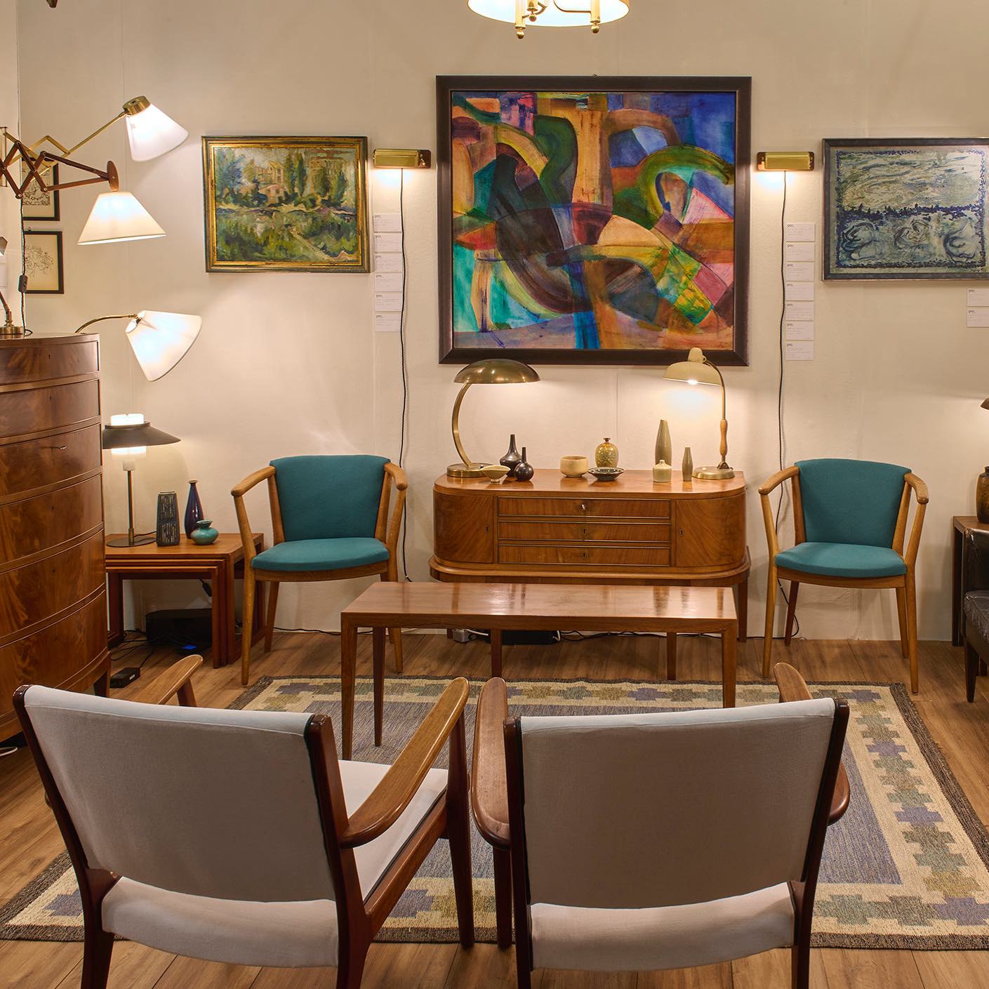 2. Mid-century Atomic Boomerang Coffee Table and Geometric Wall Art Fusion