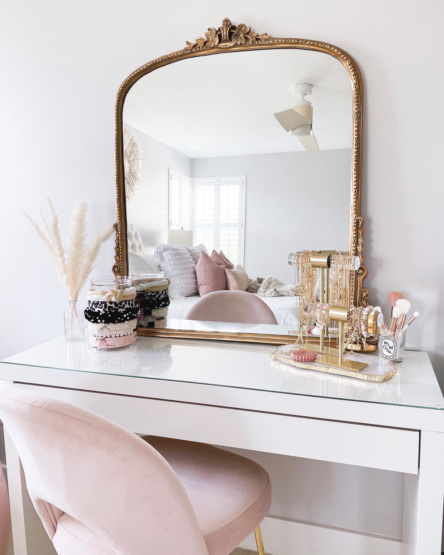 16. Moonlit Garden Vanity with Antique Gold Accents and Vintage Mirror