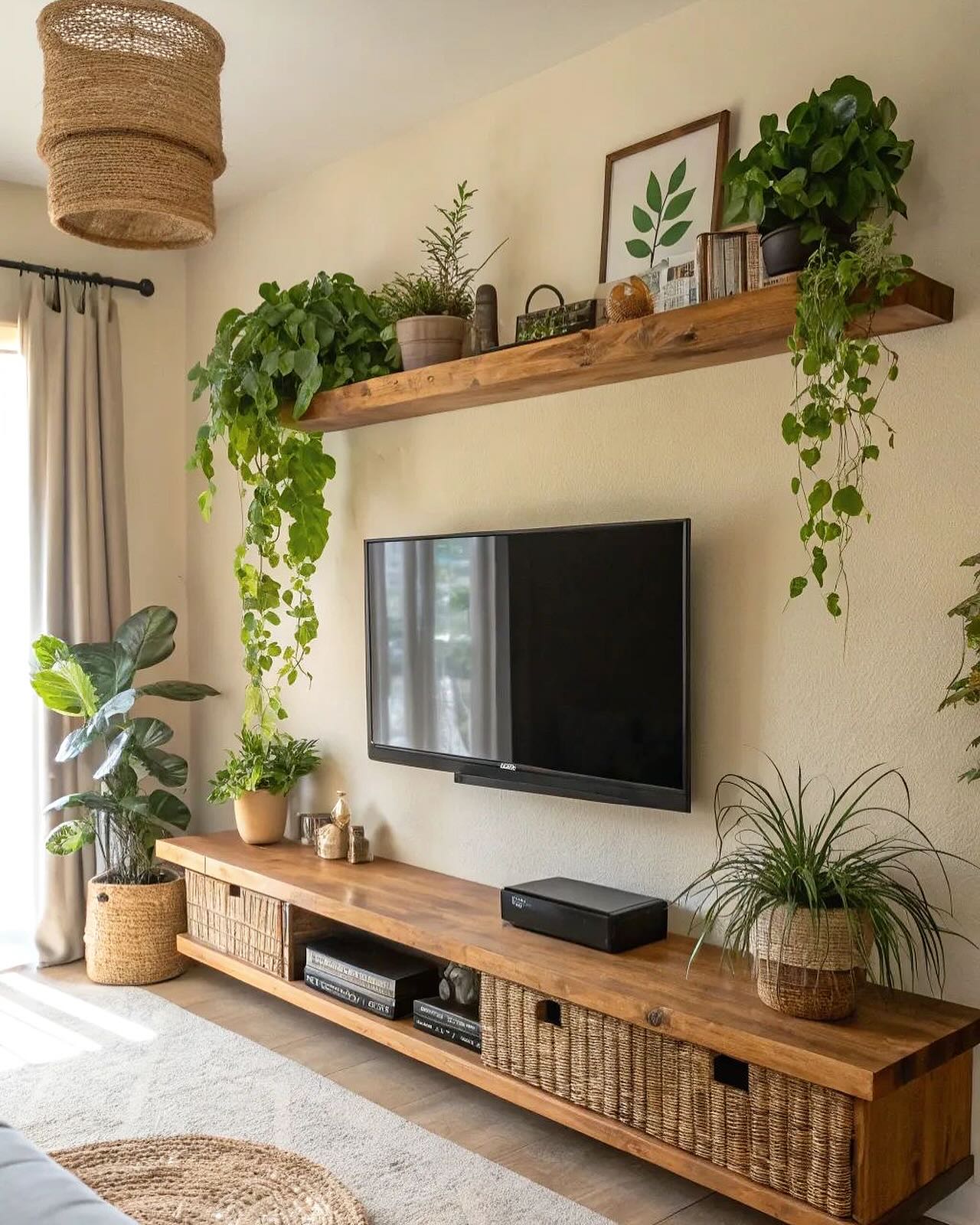 22. Moonlit Serenity: a Floating Shelf with a Single White Orchid Above a Vintage Tv Console