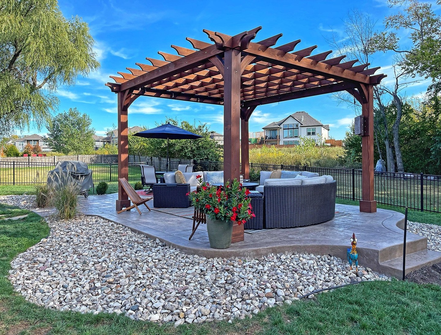 10. Cobalt Blue Canopy with Geometric Lanterns and Woven Rope Accents