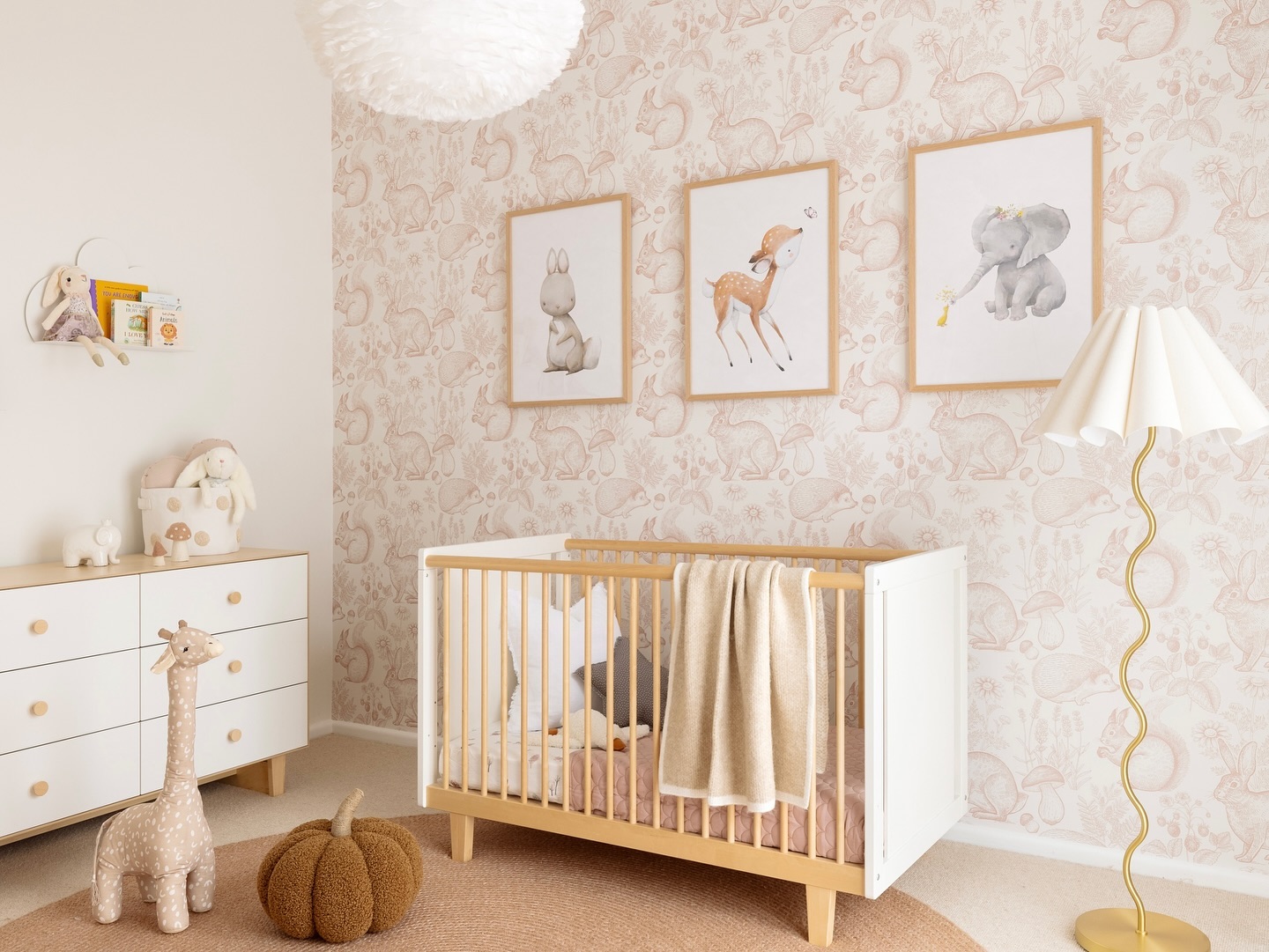 10. Vibrant Jungle Canopy with Whimsical Giraffe Accent Wall