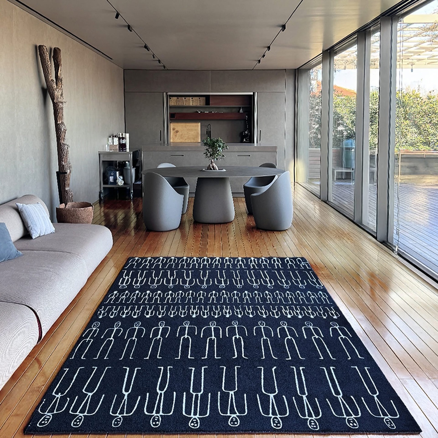 6. Rectangular Haven with Dual Fireplaces and Geometric Coffee Table