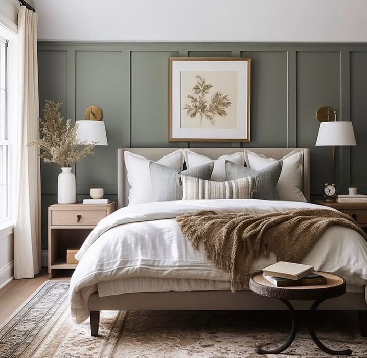 7. Sage Green Boho Haven with Woven Wall Art and Vintage Suitcase Nightstand