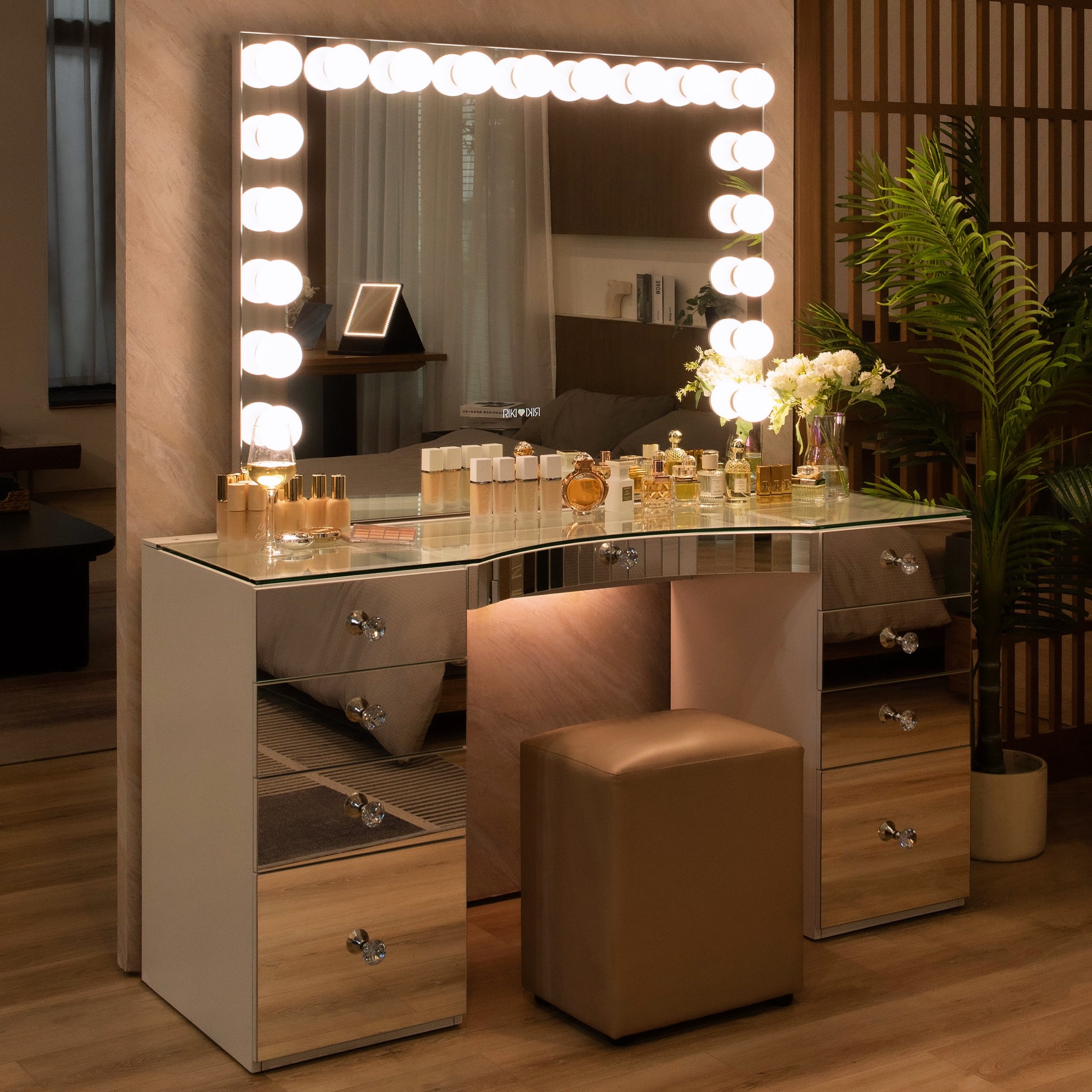 13. Moonlit Marble and Gold Vanity with Floral Mirror Frame