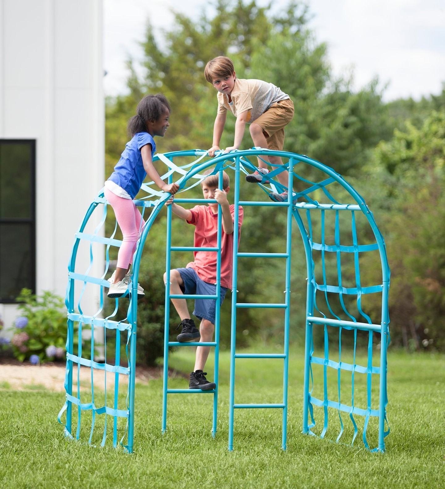 9. Vibrant Turquoise Slide and Climbing Rope Nestled Between Blooming Lavender