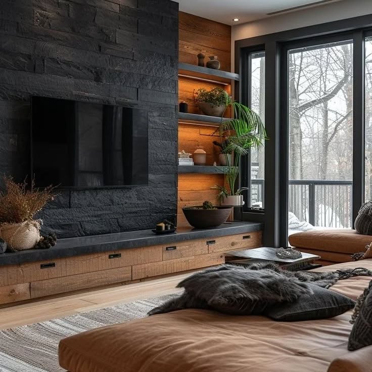 18. Vibrant Geometric Wall Art Above a Sleek Black Console with Gold Accents