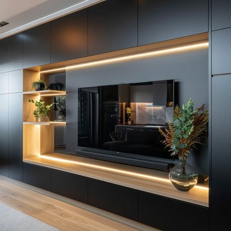 8. a Symphony Of Symmetry: Geometric Shelves and Monochrome Magic Under the Tv