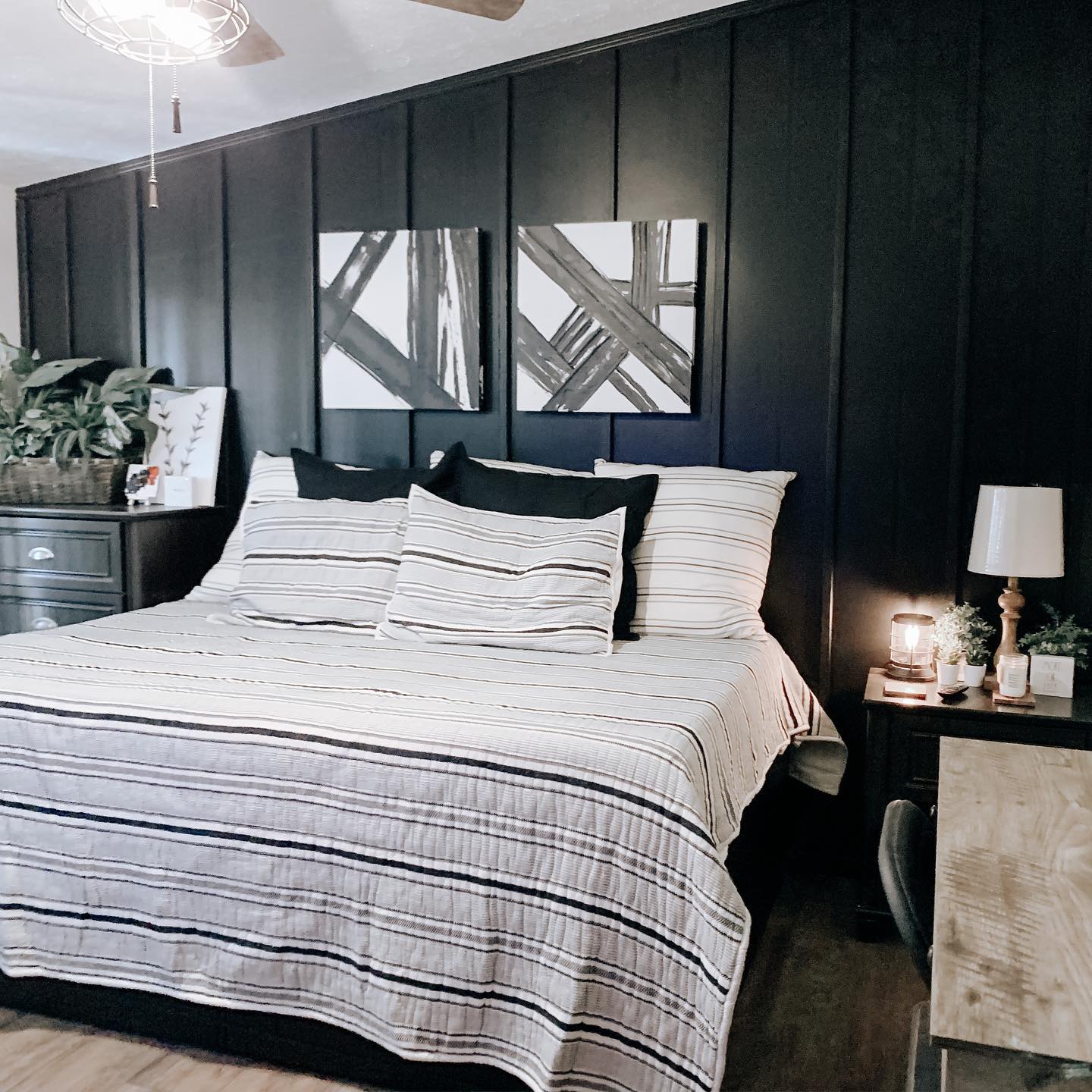 29. Neon Glow Skateboard Wall Art and Minimalist Bed Fusion