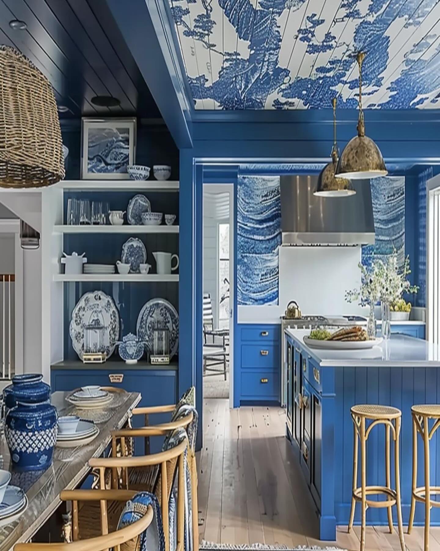 6. Vibrant Cobalt Cabinets with Geometric White Tiles and Brass Accents