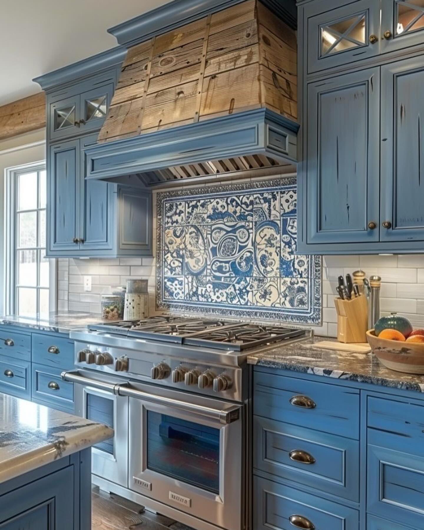 10. Cobalt Blue Cabinets with Geometric White Tiling and Industrial Lighting