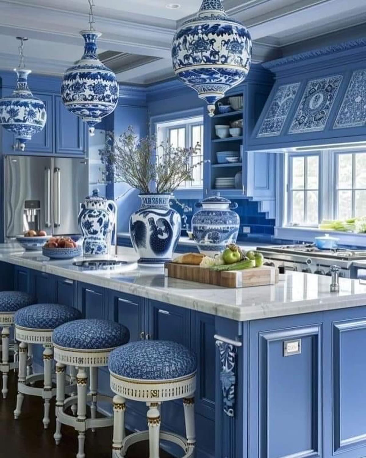 1. Cobalt Splash: a Kitchen with Turquoise Cabinets and Geometric White Tiles