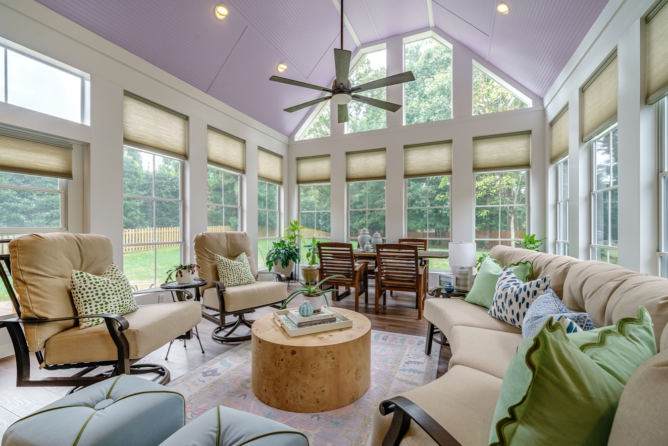 7. Sunlit Serenity with Geometric Glass Panels and Lush Green Accents