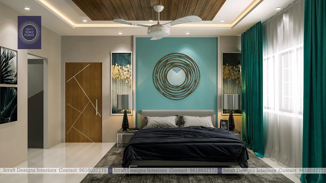 3. Moonlit Serenity: the Bedside Arc Lamp and Cobalt Accent Wall Bedroom