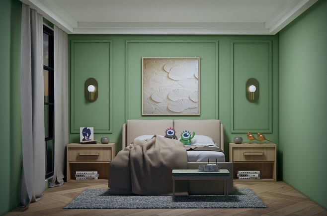 21. Sage Green Walls Embracing a Sunlit Canopy Bed with Geometric Quilt Accents