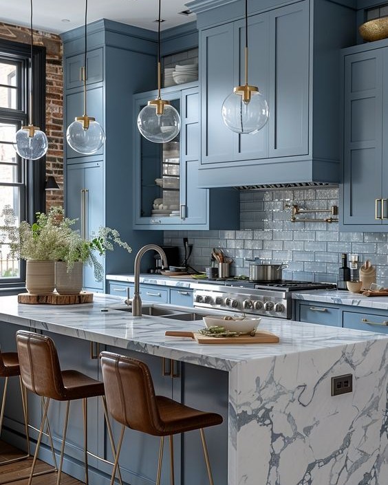 12. Sapphire Waves: Where Culinary Meets Oceanic In a Blue Kitchen Nook