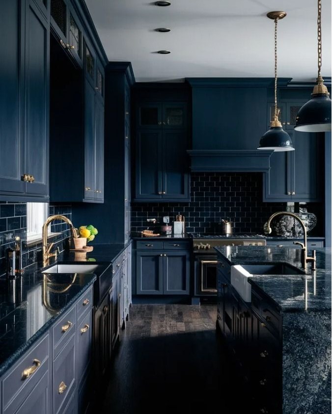 31. Frosted Glass Cabinets and Geometric Blue Tile Backsplash Kitchen