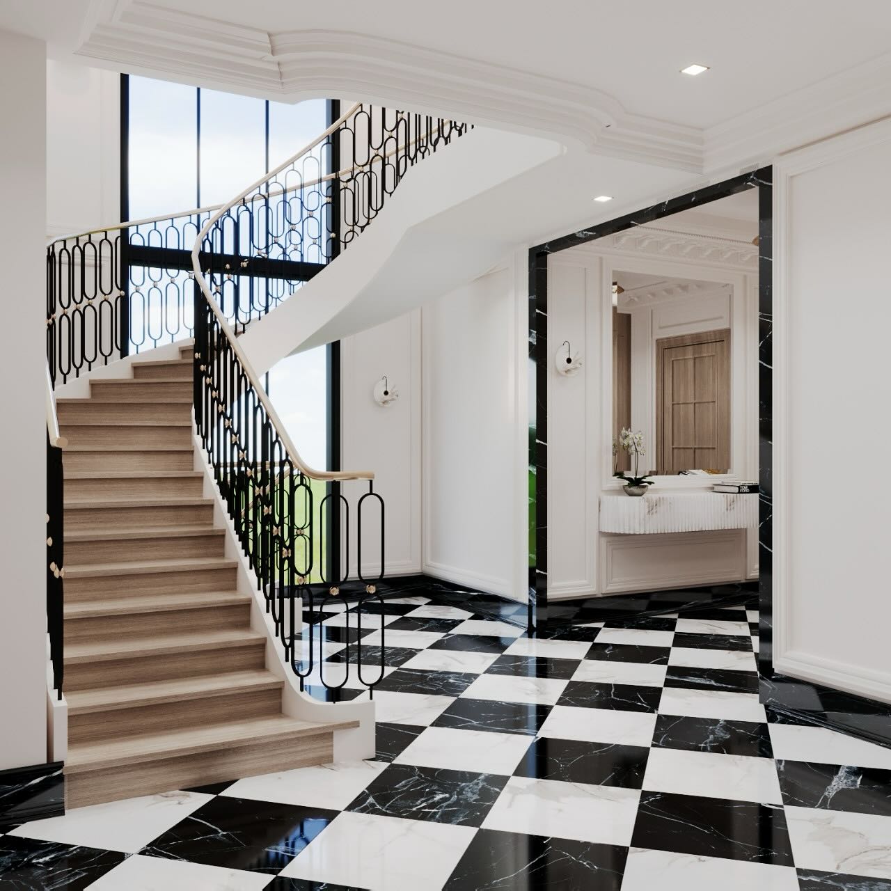 31. Cascading Crystal Chandelier Over Vintage Oak Console with Gilded Mirror Reflection