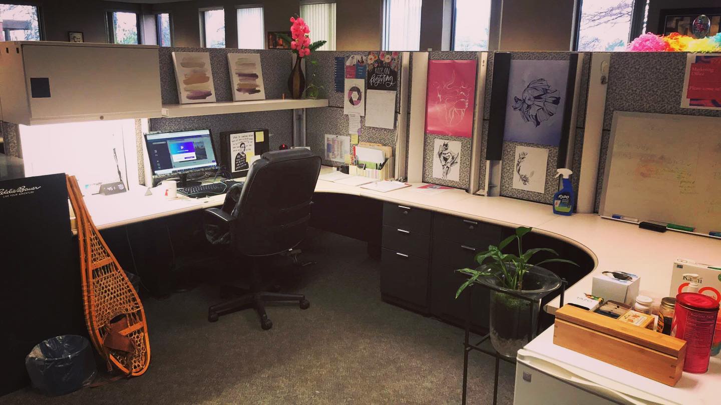 18. Neon Glow Geometric Photo Frame on Desk with Cactus Accent